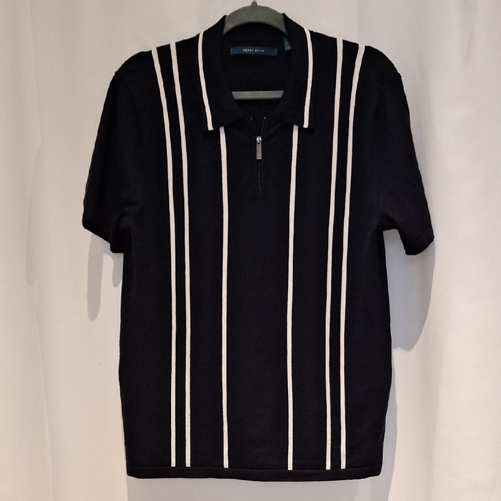 Perry Ellis Blue and White Striped Polo Sweater Short Sleeve Size M